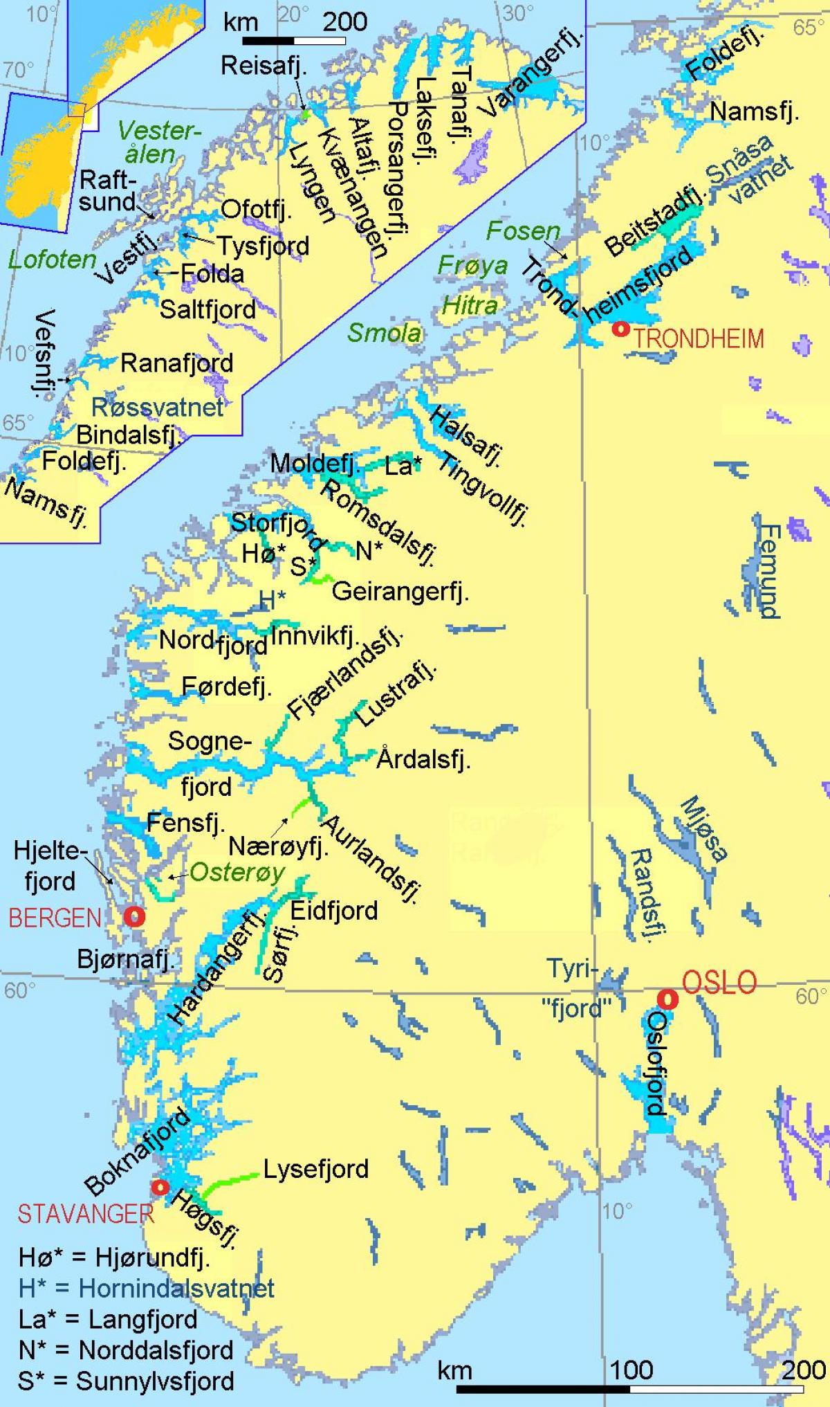 kaart näitab Norra fjordid